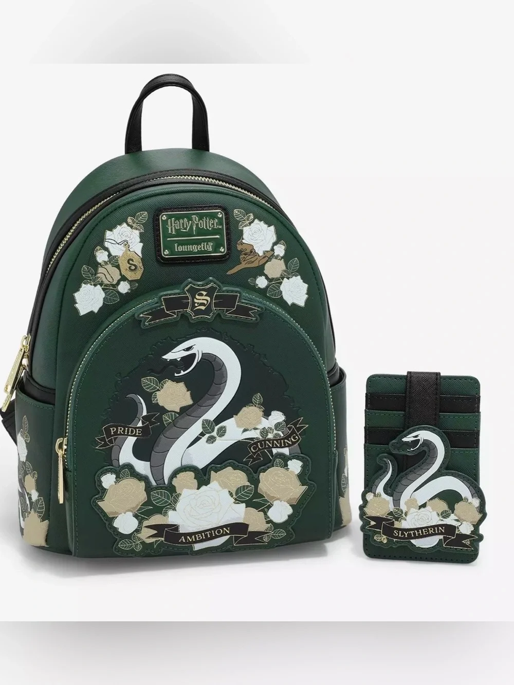 NWOT Loungefly Harry Potter Slytherin Mini Backpack with matching Cardholder!